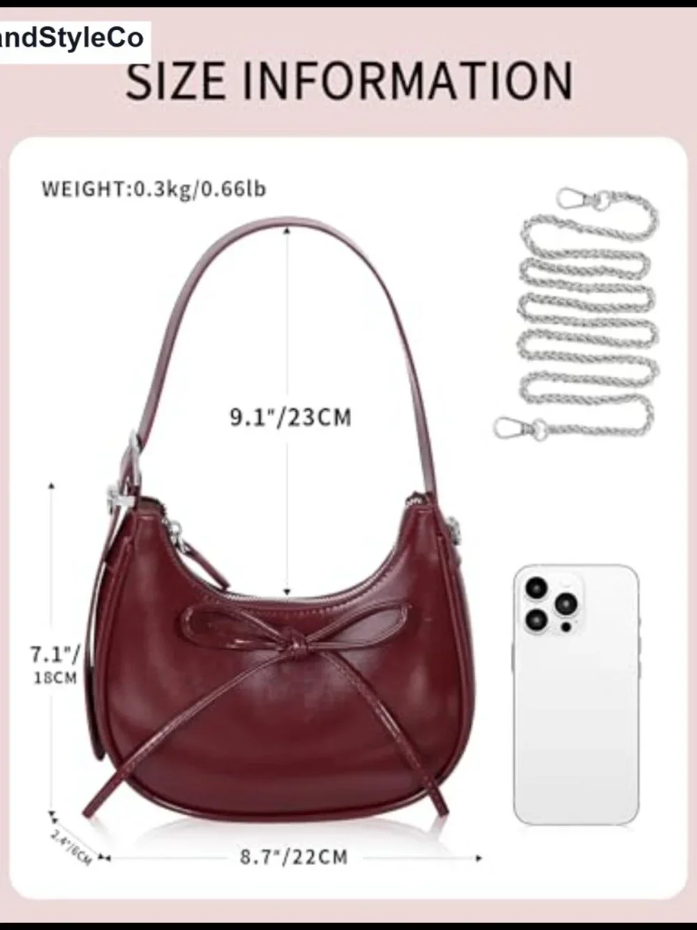 PU Leather Bow Crescent Shoulder Bag with Removable Chain Crossbody Handbag